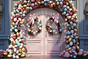 Traditional Easter egg wreath hanging on a front