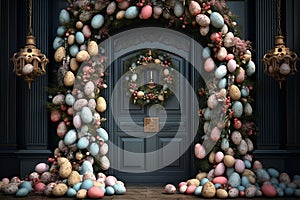 Traditional Easter egg wreath hanging on a front