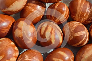 Traditional Easter eggs dyed with natural onion peels and leaves