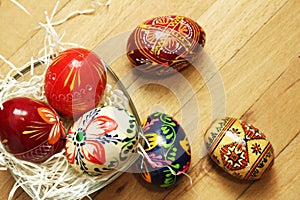 Traditional Easter eggs on wooden background