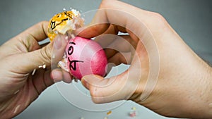Traditional Easter game egg dumping or jarping competition with Decorated eggs during Christian festival Pascha or