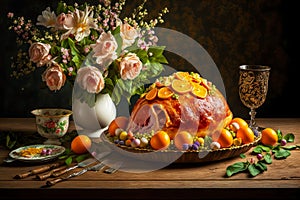 traditional easter ham food decorated with flowers and oranges on table