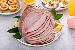 Traditional Easter ham on the table served with brunch