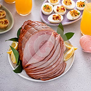 Traditional Easter ham on the table served with brunch