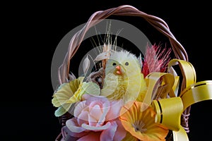 Traditional Easter Holiday basket with little chicken and flowers..