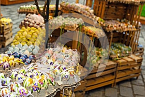 Traditional Easter market with colorful and painted easter eggs in Vienna Austria spring