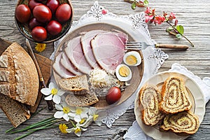 Traditional Easter meal with ham, eggs and bread