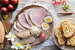 Traditional Easter meal with ham, eggs and bread