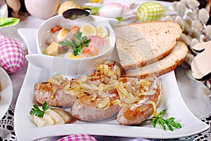 Traditional easter sausage with onion and white borscht