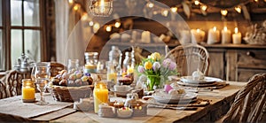 Traditional Easter setting with easter eggs on table, rustic cabin, cozy atmosphere, no people, beautiful bokeh lights, wide