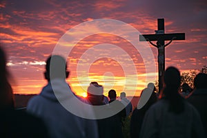 traditional Easter sunrise service, where worshippers gather outdoors to greet the dawn of a new day