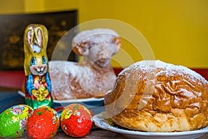 Traditional easter sweet lamb cake with sugar, eggs, on old vintage background