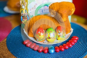 Traditional easter sweet lamb cake with sugar, eggs, on old vintage background