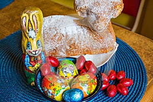 Traditional easter sweet lamb cake with sugar, eggs, on old vintage background