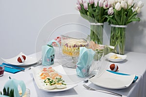 The traditional easter table with the tulips