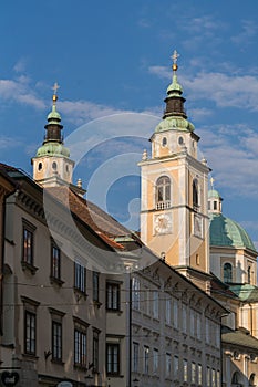 Traditional Eastern European architecture, tower buildings in Ljubljana city street