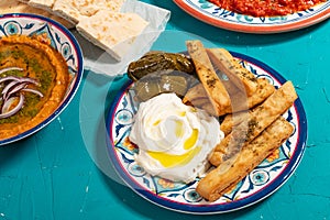 Traditional Eastern Mediterranean Arabic meal of flatbread, red lentil dip, dolma and yoghurt, garnished with herbs and olive oil