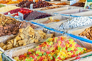 Traditional Eastern sweets in the city market, Baikonur, Kazakhstan