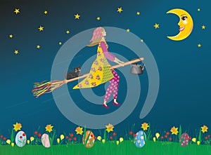 Traditional Easterwoman, in Sweden called Påskkärring flying on her broom in the sky. Eggs in grass. Vector illustration.