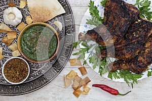 Traditional Egyptian Cuisine : Green mallow Molokhya or Molokhia