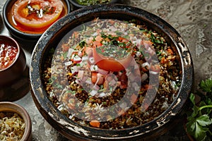 Traditional Egyptian Koshari, Mix of Rice, Pasta, Lentils and Fried Onions