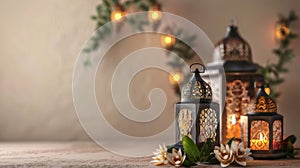 Traditional Eid decorations with lanterns and Arabic