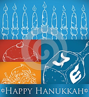 Traditional Elements and Food in Hand Drawn Style for Hanukkah, Vector Illustration