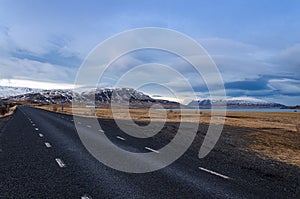 Traditional empty, quiet, calm, clean, beautiful, spectacular roads of Iceland amid fairytale landscapes. The Ring Road 1 of