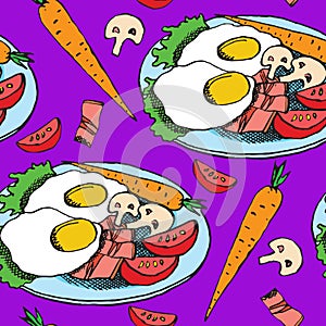 Traditional English breakfast, Bacon and eggs on plate with slices of tomatoes, champignons mushrooms, carrot and lettuce