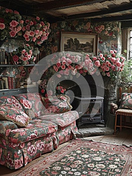 Traditional English cottage living room with floral patterns and cozy fireplace