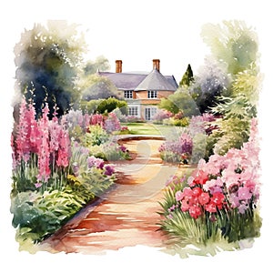 A traditional English cottage surrounded by a flower garden and garden, painted with watercolors on tourist design paper