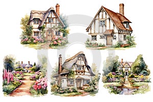 A traditional English cottage surrounded by a flower garden and garden, painted with watercolors on tourist design paper
