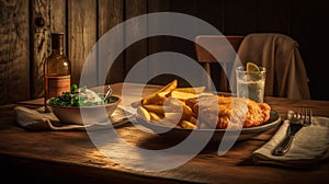 Traditional english dish fish and chips served with french fries on wooden table with copy space