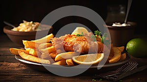 Traditional english dish fish and chips served with french fries on wooden table with copy space