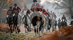 Traditional english Fox hunters are galloping on field in red hunting suits, hunting dogs running next to horses.