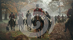 Traditional english Fox hunters are galloping on field in red hunting suits, hunting dogs running next to horses.