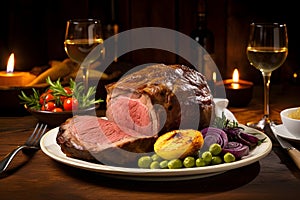 Traditional English roast beef with Yorkshire pudding, a hearty and classic Sunday roast