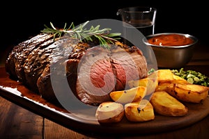 Traditional English roast beef with Yorkshire pudding, a hearty and classic Sunday roast