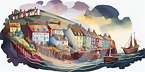 Traditional English seaside town fishing village harbour scene watercolour England UK