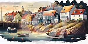 Traditional English seaside town fishing village harbour scene watercolour England UK