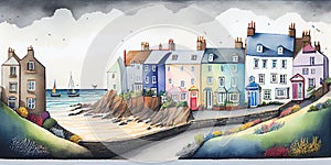 Traditional English seaside town fishing village harbour scene watercolour England UK