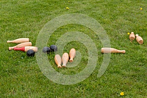 Traditional english skittles lying on grass