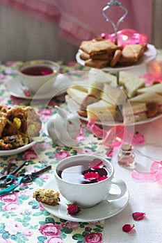 Traditional English tea party in a fabulous decoration. Rustic style.