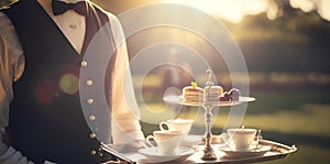 Traditional English tea time, cups, crockery, food and desserts served by a waiter at formal English garden, estate or