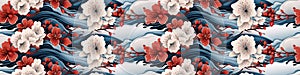 traditional ethnic oriental asian japanese floral seamless pattern with flowers on red blue background
