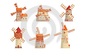 Traditional European Masonry Tower Windmills with Rotating Vanes Vector Set