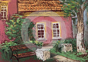 Traditional European old house with tiled roof, bench and green tree. Urban view. Artistic pastels.