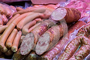 Traditional european sausages and frankfurters photo