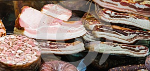 Traditional european sausages, speck and meats