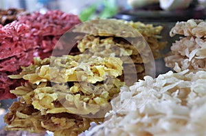 Traditional exotic coconout candy display in a Honduras market photo